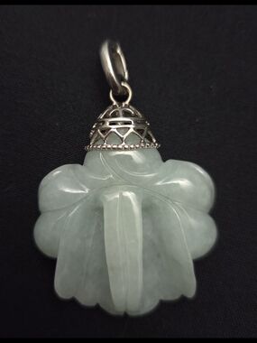 Natural Carved Green Jade Flower Pendant Sterling Silver Filigree Bail 925 24g